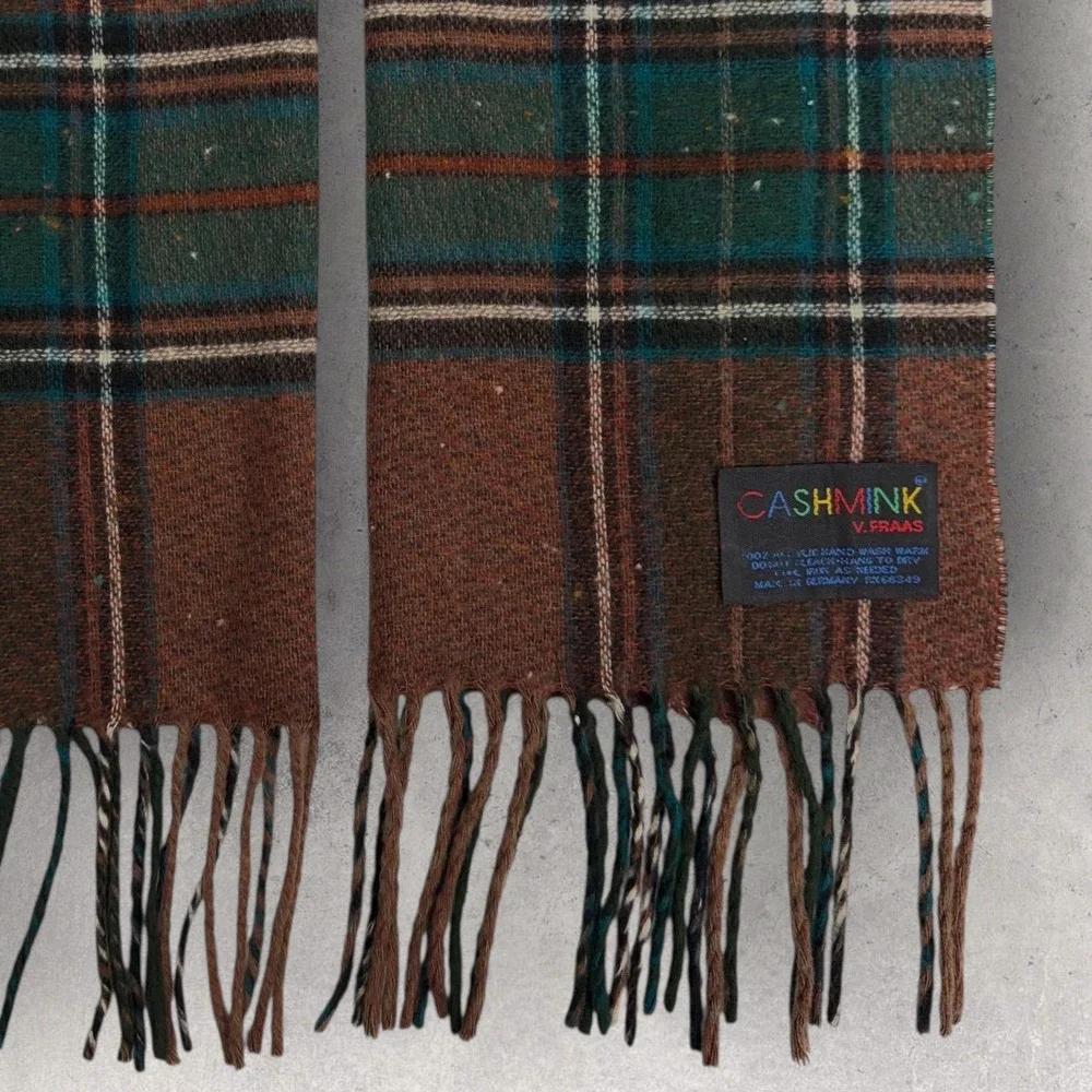 V. Fraas Cashmink Scarf Mens Brown Green Plaid Check Made in Germany RN66349